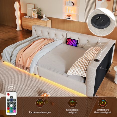 Sofá cama, cama individual 90x200 cm acolchada, cama infantil con iluminación LED, toma USB y base de látex, tejido de lino, beige, sin colchón (1/5)