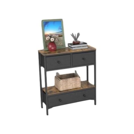 Costway – Table console étroite 80 x 30 x 85,5 cm – 3 tiroirs en tissu – Compartiment ouvert pour rangement – Cadre métallique robuste – Style rustique gris et brun