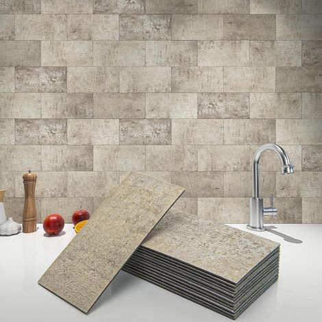Lot de 102 Carreaux de Dosseret Imperméables en PVC épais à Coller pour Cuisine,Salle de bain,Buanderie,Cheminée,7,5 x 15 cm,Beige (1/5)