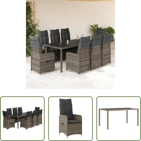 vidaXL Gartenstuhl - 9-tlg. Garten-Bistro-Set mit Kissen Grau Poly Rattan (1/5)