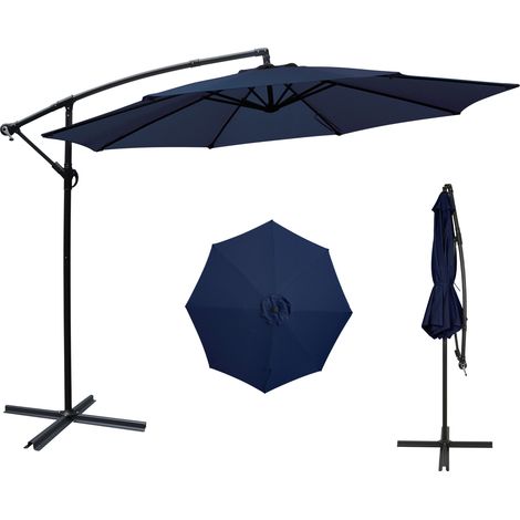 Puluomis Parasol Déporté Inclinable 3M, Tissu Anti-UV UPF30+, Parasol de Jardin Balcon Terrasse Extérieur, avec Manivelle, Housse, Imperméable, 8 Armatures Ultra-Résistantes, Base Croisée, Bleu