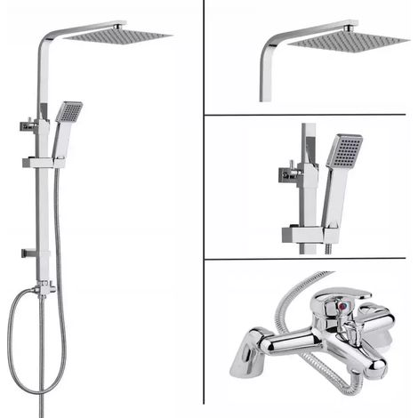 Ensemble de douche chromé carré avec barre de douche fixe et robinetterie de baignoire