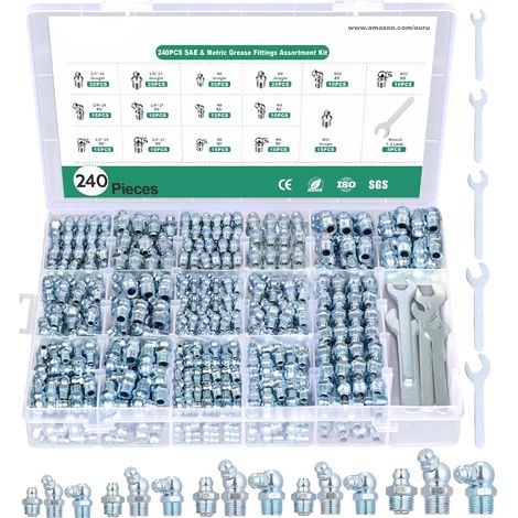 Assortiment de raccords de graisse, 240PCS SAE et raccords de graisse métrique Zerk NPT 1/4 "1/8" M6 M8 M10, mamelon de graisse droit 45 90 degrés avec kit de clé (7-11mm) pour pistolet de graisse
