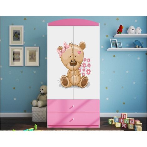 Armoire rose 2 portes enfant ourson et fleurs Drimy (1/4)