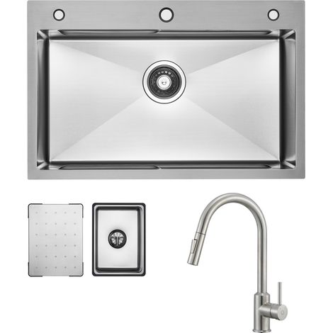 CECIPA MAX Küchenspüle aus Edelstahl 70 x 45 cm Gebürstete mit Abtropffläche + Ausziehbare Küchenarmatur gebürstete mit 2 Strahlarten Küche Wasserhahn (Höhe 404 mm) (1/5)