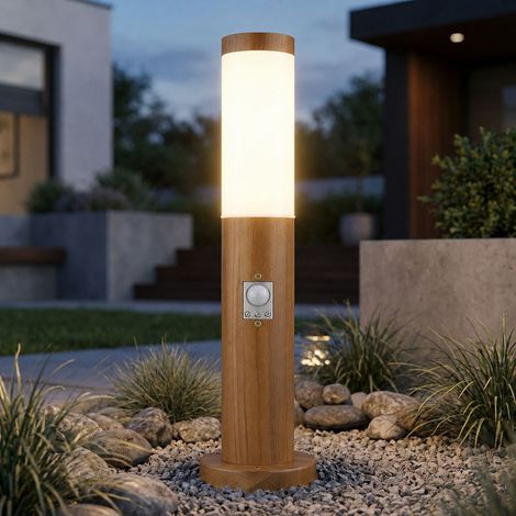 Globo – Lampe de socle d'extérieur avec détecteur de mouvement – Acier inoxydable aspect bois – IP44 – Dimensions 7,6 x 45 cm – Douille E27 (1/5)