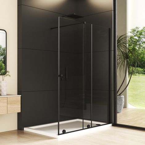 Walk in Duschwand Schiebetür 140x185cm Schwarz Walk-in Dusche, Duschkabine Schiebetüren breite 90-140 cm aus 6mm ESG-Sicherheitsglas, Begehbare Duschabtrennung Höhe 185cm