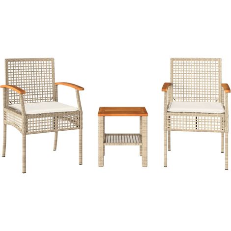 Ensemble de bistro 3 pcs,Salon de jardin coussins beige résine tressée acacia CFW93623 (1/5)