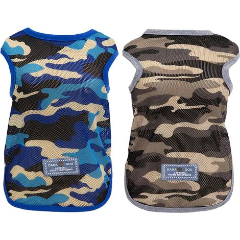 Lot de 2 T-shirts de Camouflage en Maille Respirante pour Chien Vêtements d'été Légers et Élastiques pour Chiots et Petits Chiens Style Militaire Bleu et Marron (1/5)