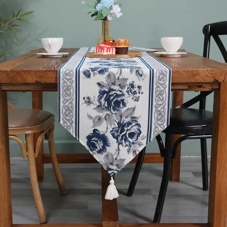 Chemin de Table Polyester 35x180cm Bleu Gris Motif de Fleurs Festival Faire Fête Décor (1/4)