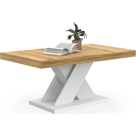 Idmarket – Table basse ALICIA fixe 100x60cm – Plateau bois avec pied X blanc – Design moderne et stable pour salon
