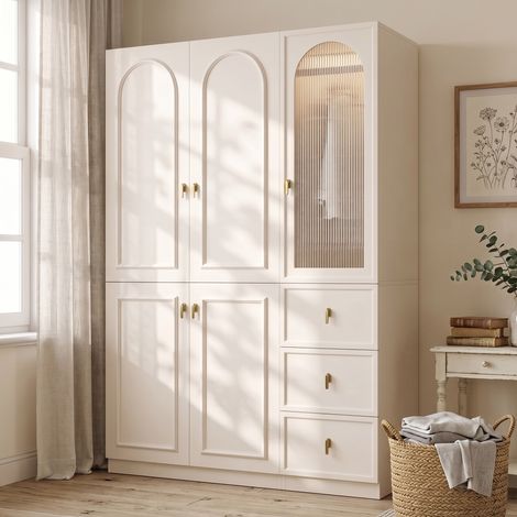 Armoire de Chambre Blanche 135x48x200cm Garde-Robe Moderne 5 Portes avec Ruban LED Intelligent App 3 Tiroirs 3 Penderies Verre Cannelé Chic (1/5)