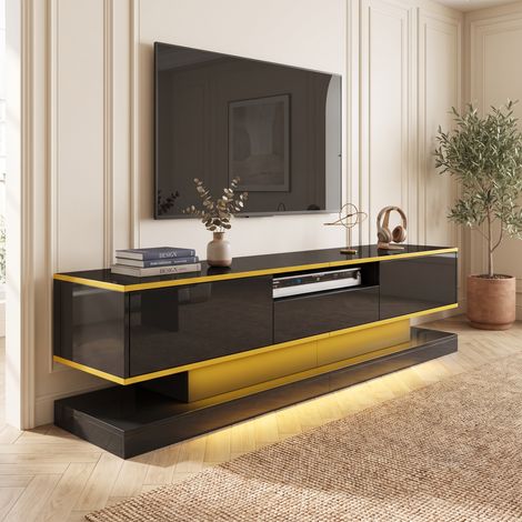 Meuble TV 180x38x45cm avec 3 Tiroirs et LED Multicolore en Panneau de Particules Style Moderne Noir et Or (1/5)