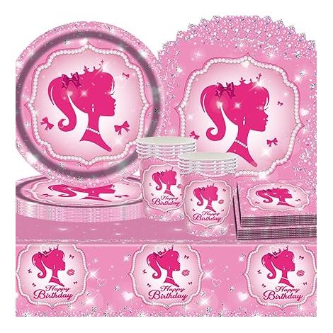 Vaisselle de Fête Rose, Déco Anniversaire Fille,Accessoire fête Anniversaire pour enfants,Nappe Assiette Tasse Serviette Papier (1/5)