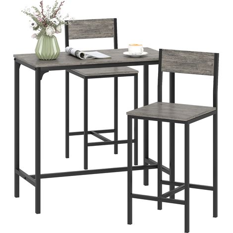 Ensemble table de bar avec tabourets, table à manger debout avec 2 chaises de bar, repose-pieds et dossiers, gris (1/4)