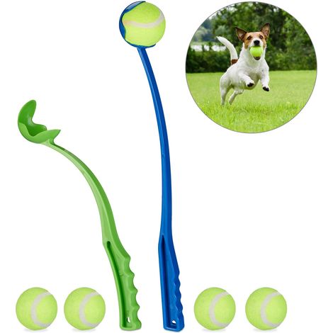 Relaxdays Ball Thrower, for Dogs, Set of 4 Launching Devices, Incl. 10 Balls, Pet Toys for Outdoor & Park, Blue/Green
