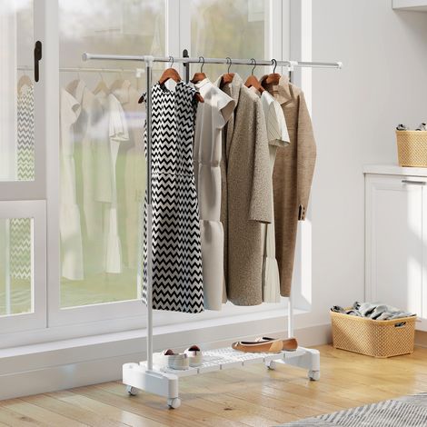 Étagère à linge extensible avec roues et frein, porte-chaussures et structure en acier inoxydable, blanc (1/5)
