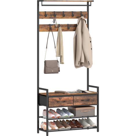 Banc à chaussures porte-manteau entrée industriel acier marron rustique 130x30x50cm