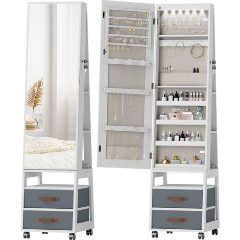 HOMCOM espejo joyero con luces LED interior, ruedas, armario joyero con espejo entero, giratorio de 360°, estantes abiertos, cajones de tela, blanco