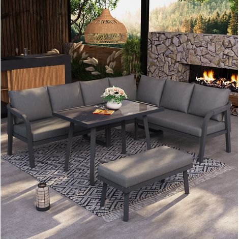 Sofá jardín esquinero con mesa y banco gris OKMYHOME (1/5)