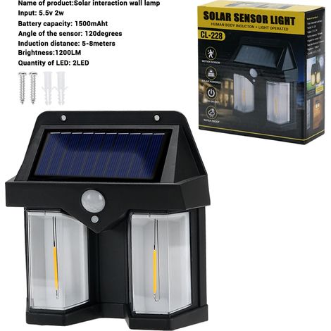 (noir 2 LED) Applique murale solaire LED tungstène extérieure avec détecteur de mouvement, 3 ampoules, étanche, lanterne pour maison, jardin, cour, rue ou garage. (1/5)