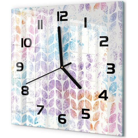 Horloge Murale Carrée Déco Salon Verre Trempé Silencieuse Design Contemporain Feuilles colorées 30x30 cm (1/5)