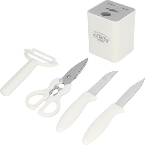 Ensemble de 5 couteaux de cuisine en acier inoxydable avec base de rangement, idéal pour les barbecues, terrasses et pique-niques. (1/5)
