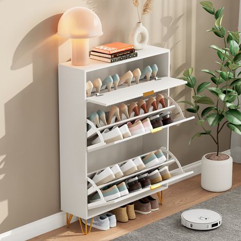 Meuble à chaussures blanc 80x24x110,5cm, 3 portes abattantes, pieds et poignées dorés, rangement pratique,design moderne pour Entrée, Couloir, Chambre (1/5)