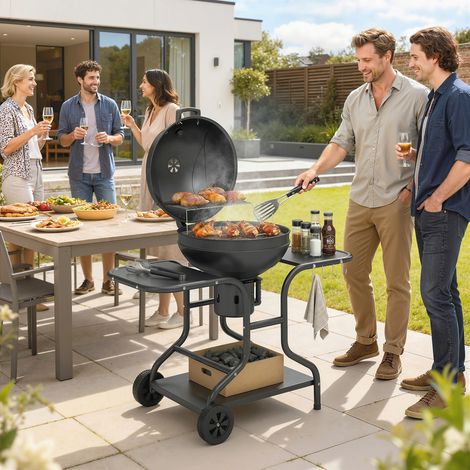 Barbecue fumoir à charbon de bois avec tablettes latérales, couvercle, thermomètre et roulettes, 129 x 63,5 x 106,5 cm (1/4)