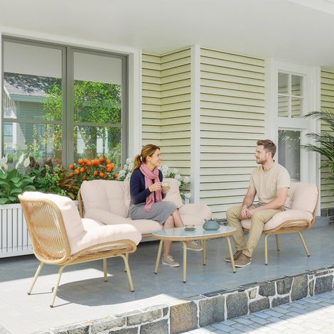 4-teiliges Gartenmöbel-Set aus Rattan – 12 cm extra dicke Kissen – 138 cm Sofa + 2 Sessel – Couchtisch – Beige