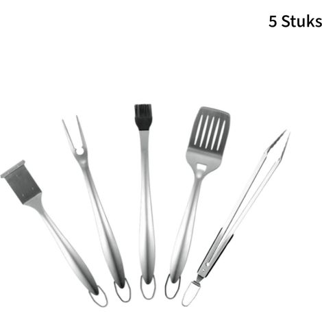 Ensemble barbecue portable 5 pièces en acier inoxydable avec manches de 40 cm spatule brosse et fourchette (1/5)