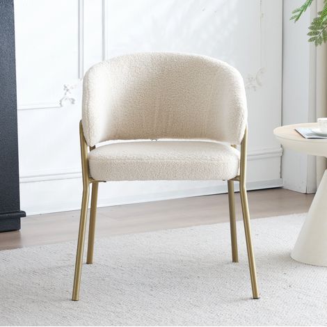 Silla de comedor de terciopelo de cordero, patas doradas, blanco (1/5)