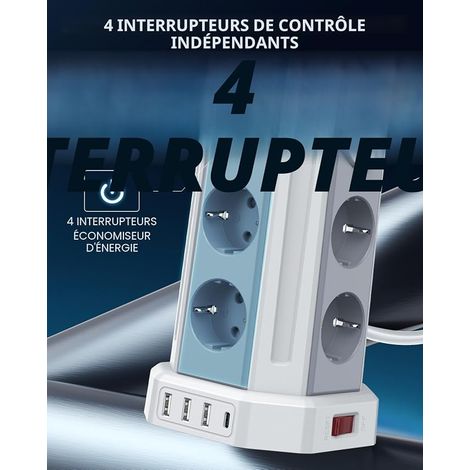 Power Strip Tower with Switch, Surge Arrester and Surge Power Strip with 8 AC Outputs and 4 USB Ports Multiple Socket Extension 3M Suitable for Home, Office, White (1/4)