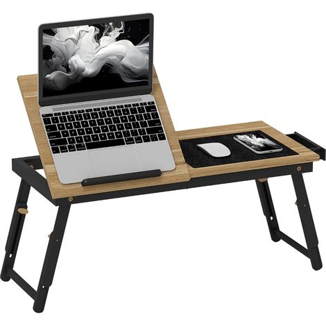 Table de Lit Pliable et Réglable pour Ordinateur Portable, Plateau Inclinable 30-60° avec Tiroir, Hauteur Réglable 23,5-34 cm, Bambou et MDF, Chêne (1/5)