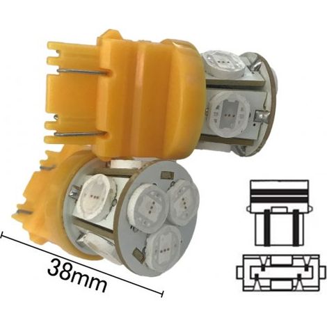 Coppia 2 Lampade Led T25 P27/7W 3157 Con 8 Smd 9080 Colore Giallo Arancione 12V 4W