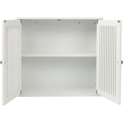 Armario de baño de pared blanco con 2 puertas y frente de lamas, MDF y tablero de partículas (1/5)