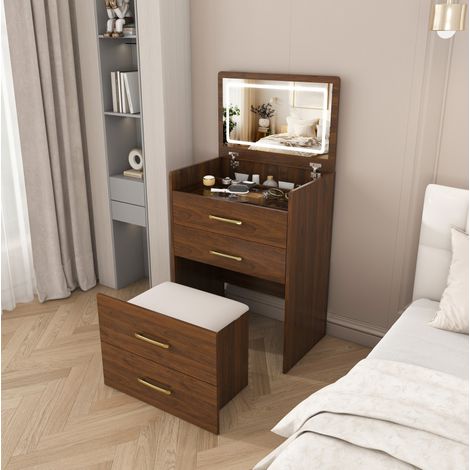 Toeletta 3 in 1 con specchio ribaltabile, piano in vetro, 3 cassetti, marrone HAVRYA (1/5)