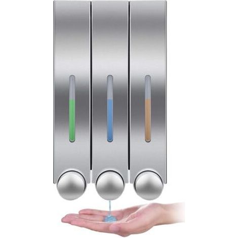 Triple wall mounted soap dispenser: ideal for shower gel, shampoo and lotion Silver, perfect for the bathroom (1/4)