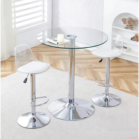 Set da bar con tavolo in vetro e 2 sgabelli in acrilico trasparente, argento, tavolo Ø89 cm, altezza regolabile e seduta girevole (1/5)