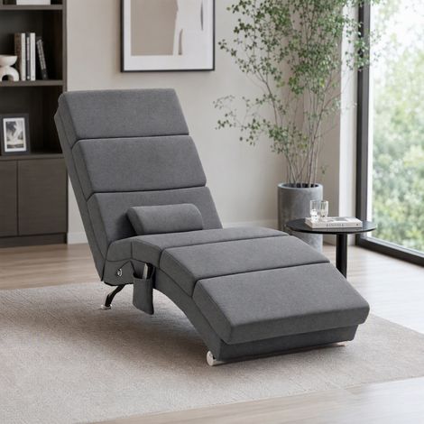 Fauteuil relax salon fauteuil de massage et chauffage meridienne avec télécommande et oreiller, tissu effet lin, gris (1/5)