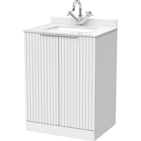 Callingwood Contemporary Floor Standing 2 Door Vanity Unit with Marble Worktop with Basin , 600mm, Matt White (1/4)