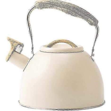Théière sifflante 3 L en acier inoxydable avec poignée en bois pliable,Beige White (1/5)