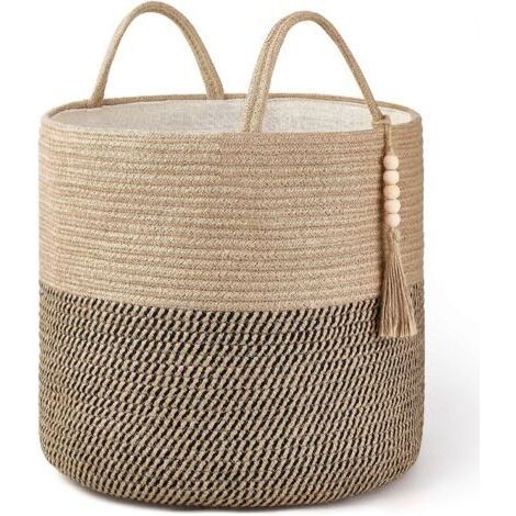 Panier de rangement tressé noir et jaune chanvre, 1 pièce, 383845cm, décoré de corde naturelle, pour le salon et la décoration intérieure.