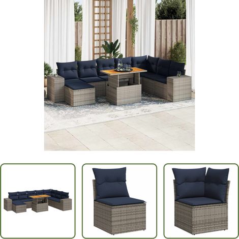 Meubles extérieurs - Salon de jardin 9 pcs avec coussins gris résine tressée (1/5)