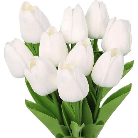 Lot de 10 tulipes artificielles blanches en vase, idéales pour les tombes, les mariages et la décoration intérieure.-AquaForge (1/5)