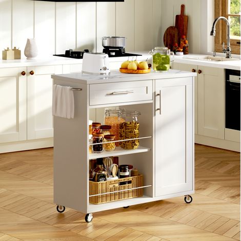 MODFU – Carrito de cocina móvil 90x62x90 cm de MDF con cajón, armario, estantes, ruedas con freno y portatoallas – Blanco (1/5)