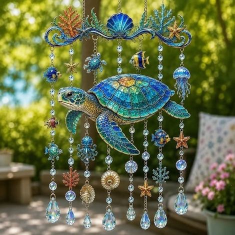 Carillon éolien animal marin, décoration de jardin scintillante, tortue de mer (1/5)