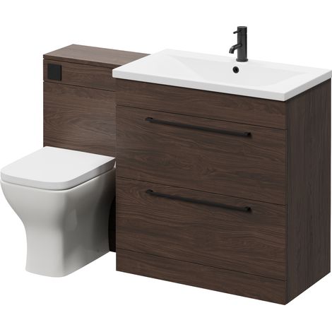 Napoli 460 Brown Oak 1300mm 2 Drawer Vanity Unit Toilet Suite with Glide Basin - 1300mm - Matt Black 480mm HandleWith Kingston Toilet Pan and Seat