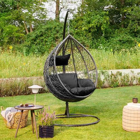 HOME DELUXE - Polyrattan Hängesessel mit Gestell CIELO Farbe: Schwarz, Ausstattung: inkl. Regenabdeckung Poly Rattan Hängesessel Hängekorb