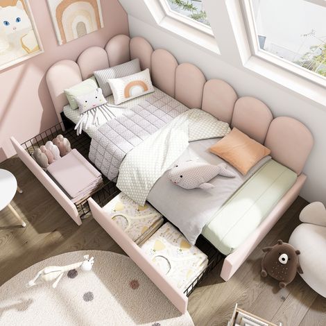 Letto singolo 90x200 cm rosa in velluto con 2 cassetti e rete a doghe (1/5)